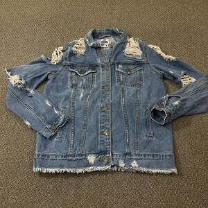 The Rockn Rev Jacket Womens Size 8 Jean Denim Distressed Blue Frayed Destroyed